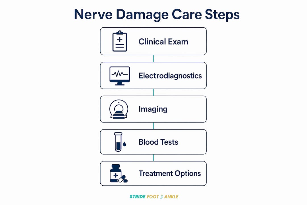 Infographic outlining diagnosis and treatment steps for nerve damage