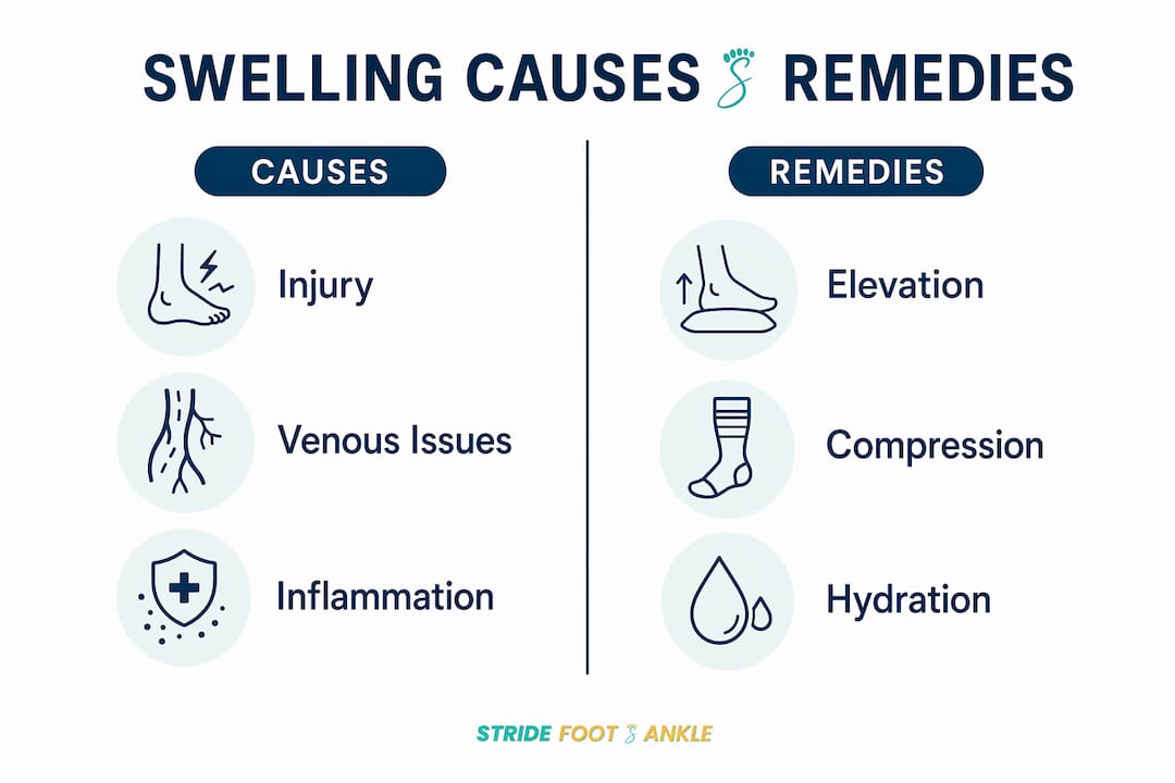 Infographic comparing causes and remedies of foot swelling