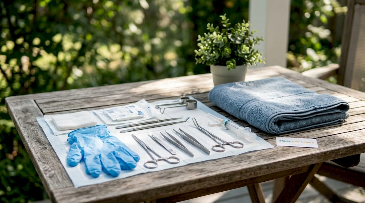 Cyst treatment medical instruments on tray in clinic