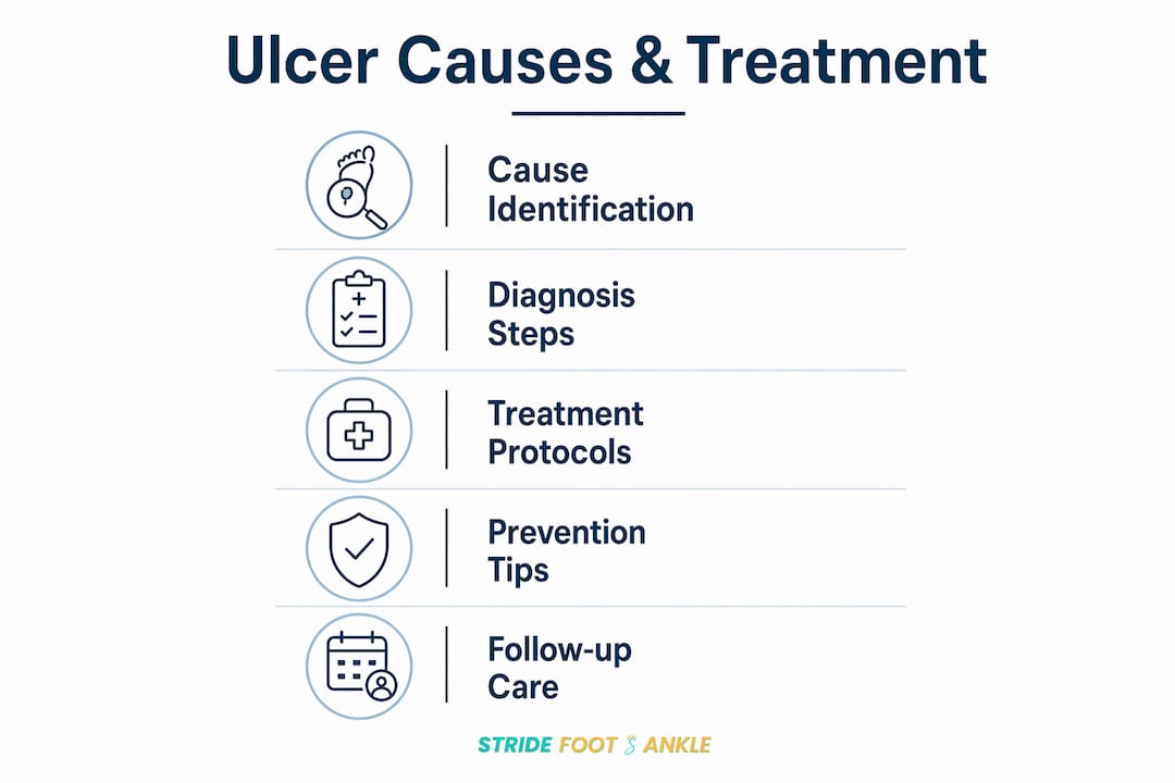 Infographic outlining ulcer causes, diagnosis, treatment, prevention, and follow-up