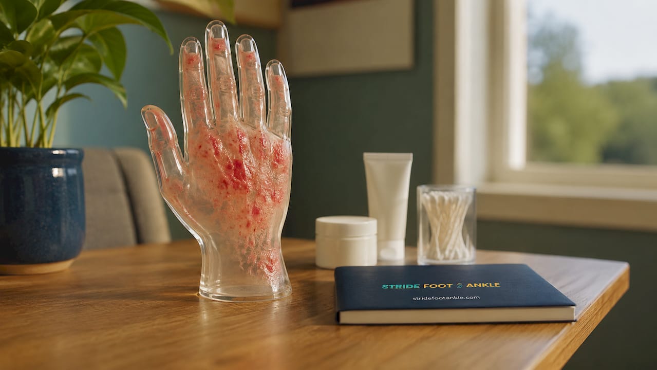 Hand model showing contact dermatitis rash with logo