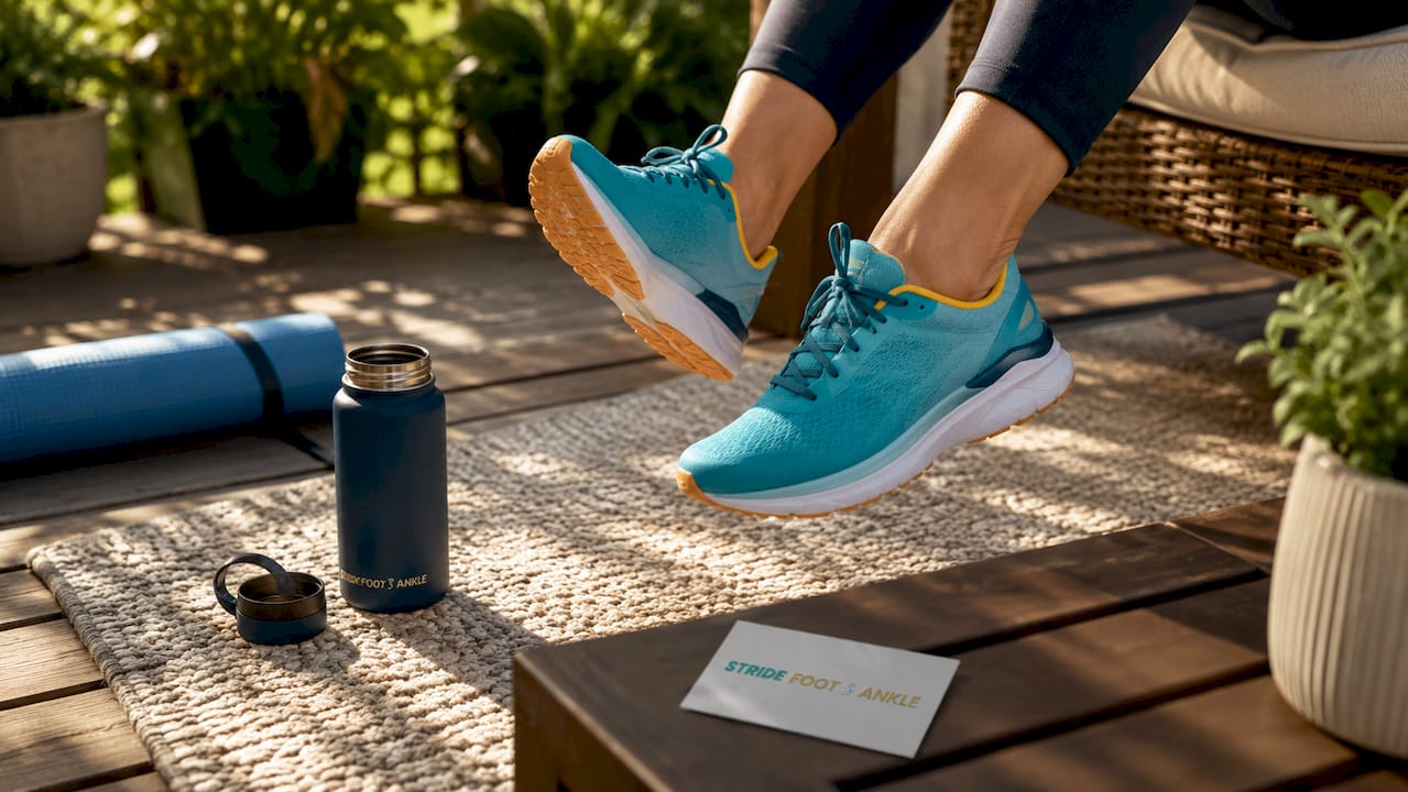 Feet doing ankle pumps with Stridefootankle branded items