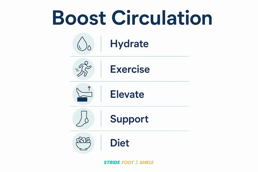 Infographic showing 5 steps to improve foot circulation