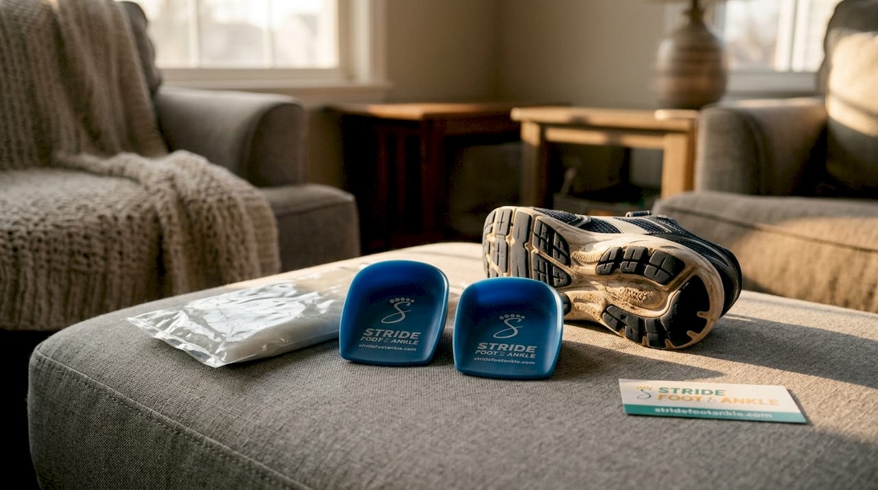 Heel pain treatment tools with branded heel cups