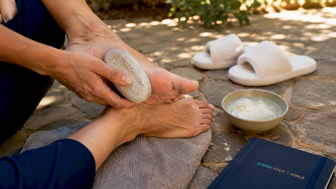 Close-up of pumice stone filing foot callus on towel