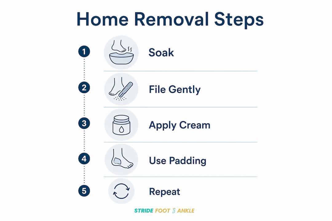 Infographic illustrating five steps of home corn and callus removal