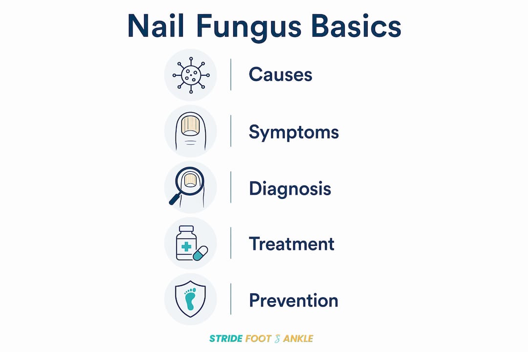 Infographic showing nail fungus causes, symptoms, diagnosis, treatment, prevention
