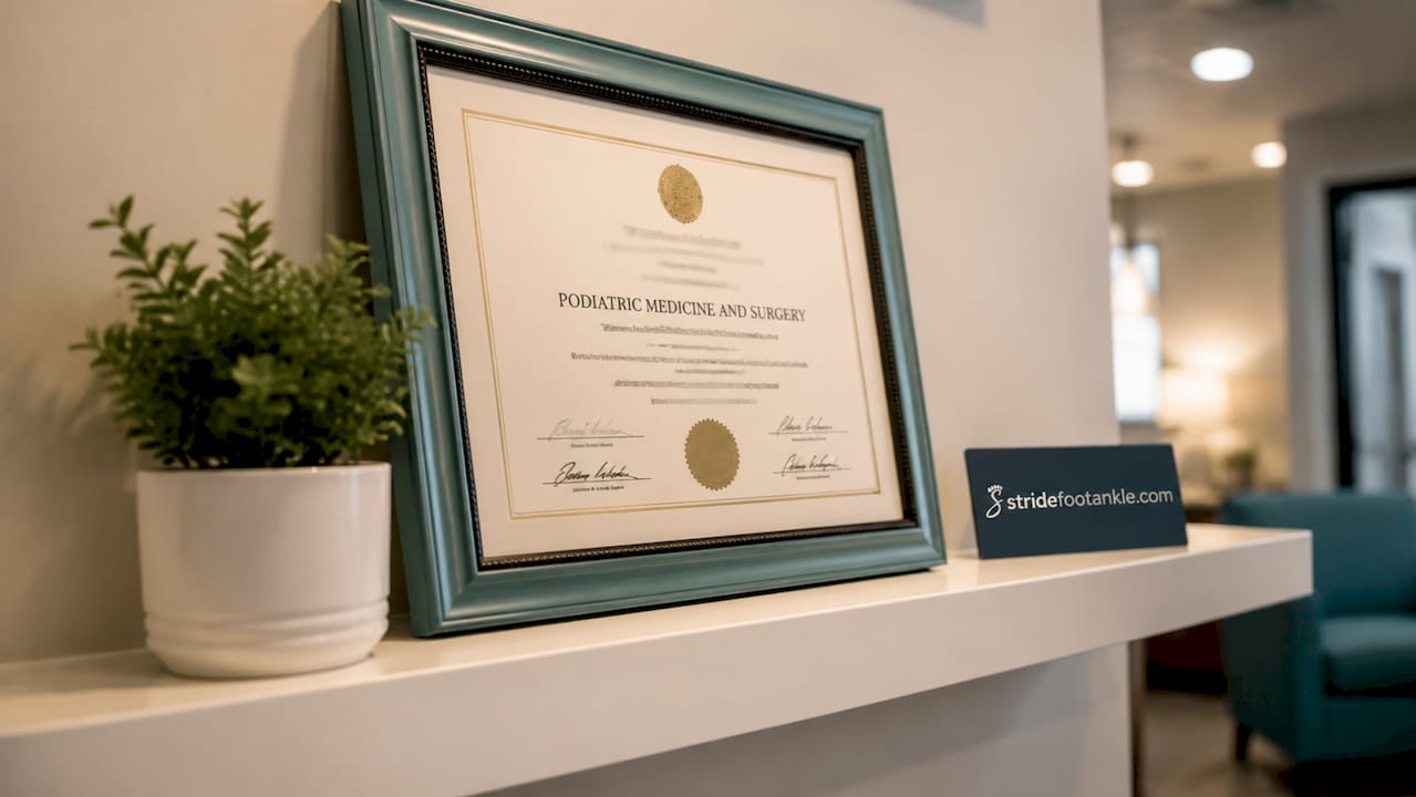 Framed podiatry diploma with logo on shelf