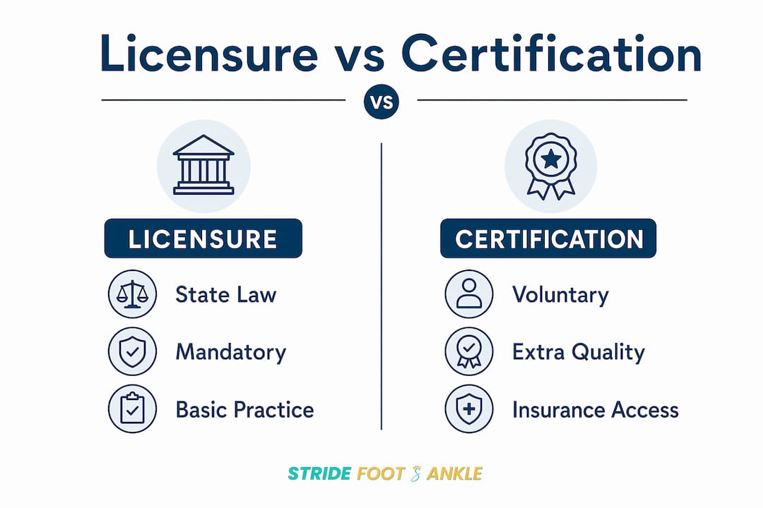 Infographic comparing podiatry licensure and certification