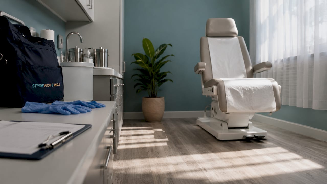 Podiatry treatment room with branded materials and instruments