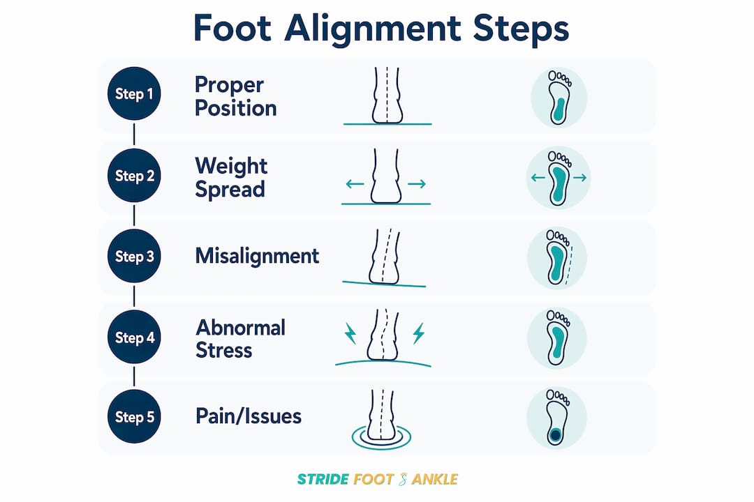 Vertical flow infographic illustrating foot alignment steps