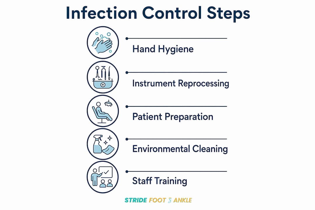 Infographic illustrating infection control steps in podiatry