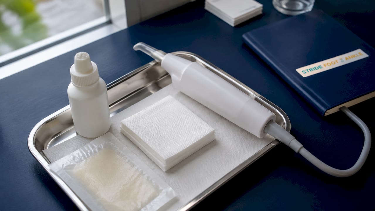 Close-up of wound care instruments in clinic setting