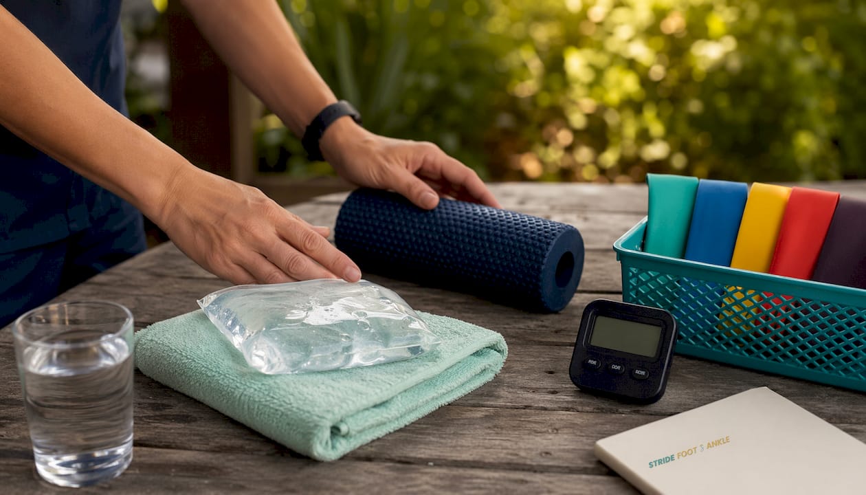 Rehabilitation tools for ankle recovery with Stridefootankle branding