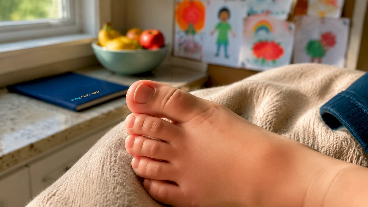 Child's big toe close-up showing nail curvature with logo