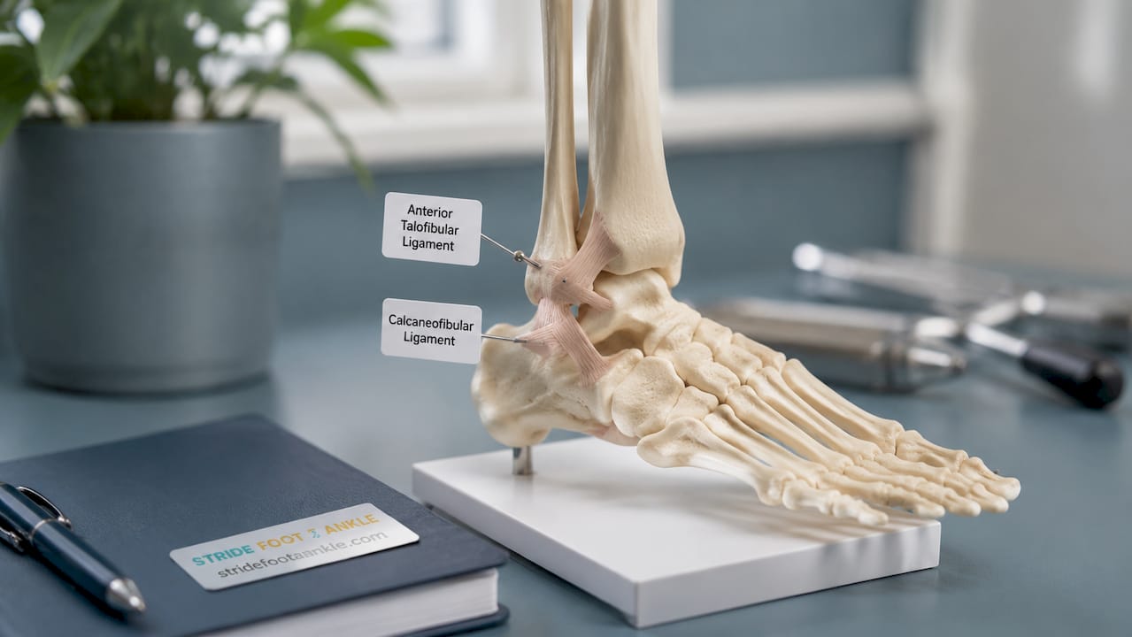 Close-up of ankle ligament anatomical model with logo plaque