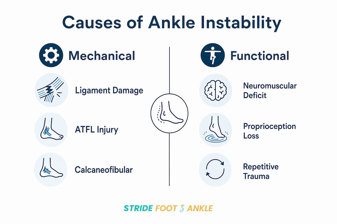 Infographic showing mechanical vs functional causes of ankle instability