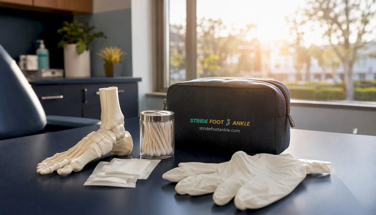 Podiatry tools and branded pamphlet for ulcer symptoms