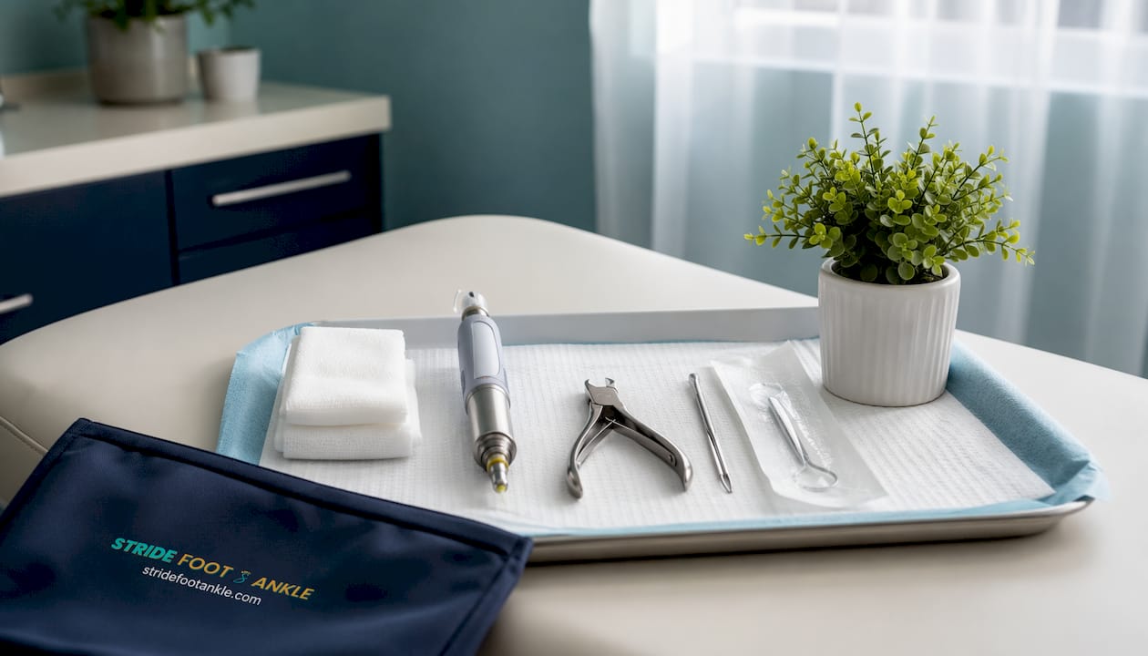 Sterile podiatry tools for ingrown toenail surgery with logo