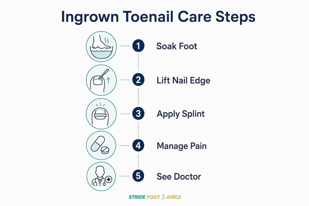 Infographic showing ingrown toenail care steps from soak to doctor visit with branding