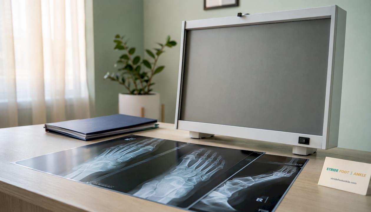 Printed foot X-ray films with stridefootankle.com logo