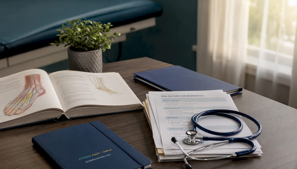 Top-down view of neuropathy educational materials on desk