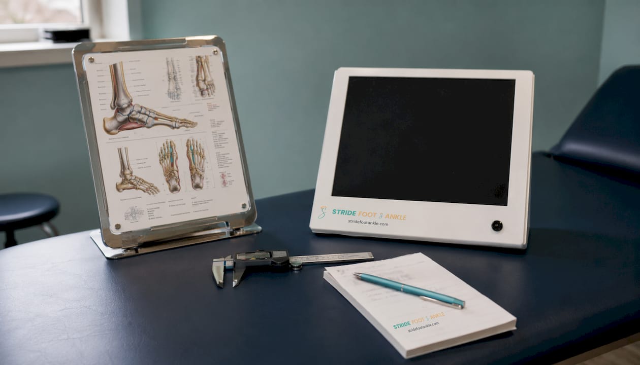 Flat-lay of foot fracture diagnostic tools