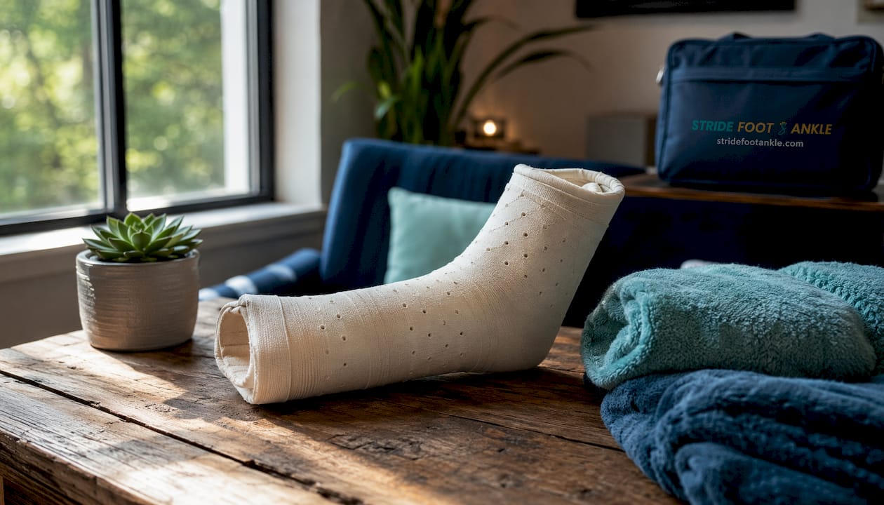 Close-up of foot cast on hospital bed
