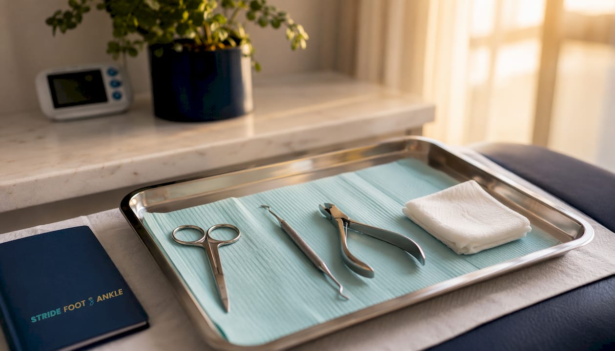 Close-up of podiatry sterile treatment instruments on tray