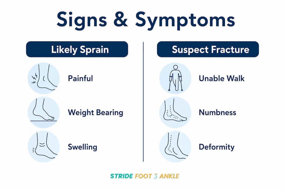 Infographic comparing ankle sprain and fracture signs