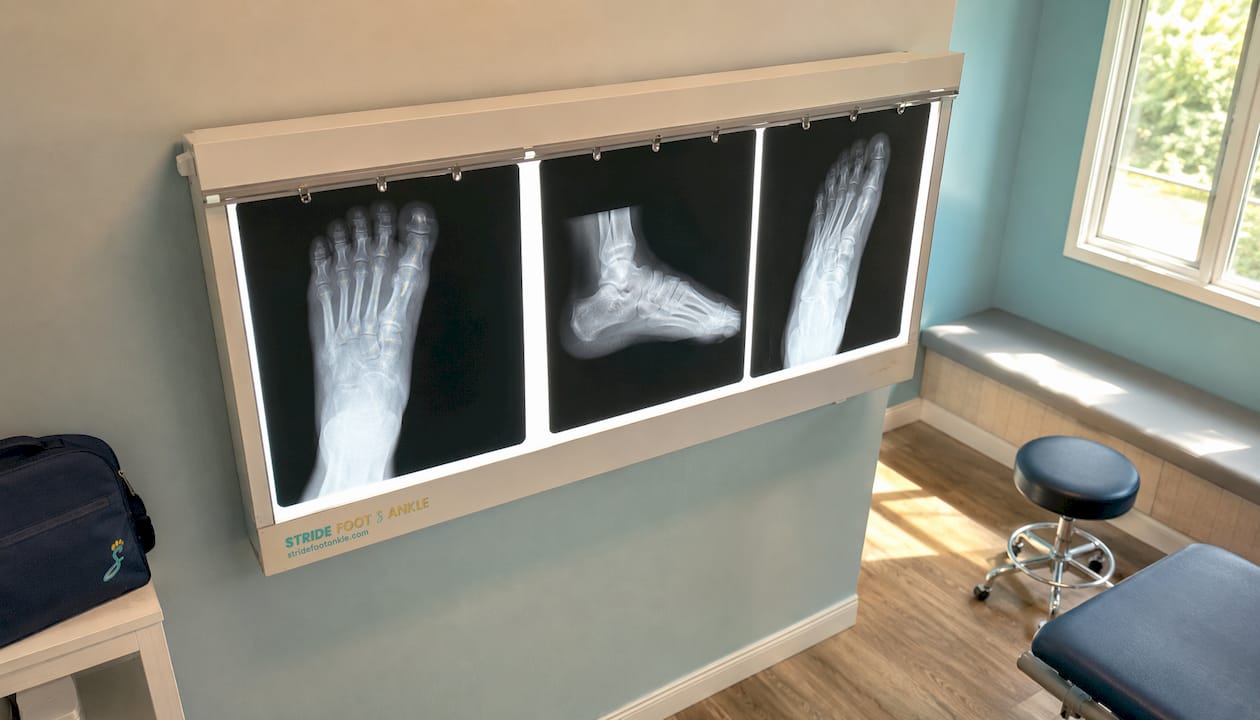Three pediatric foot X-ray projections on light box