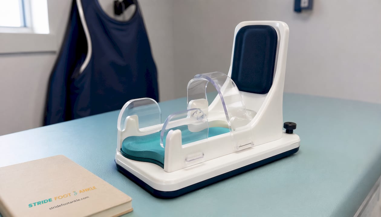 Close-up of pediatric foot X-ray positioning device