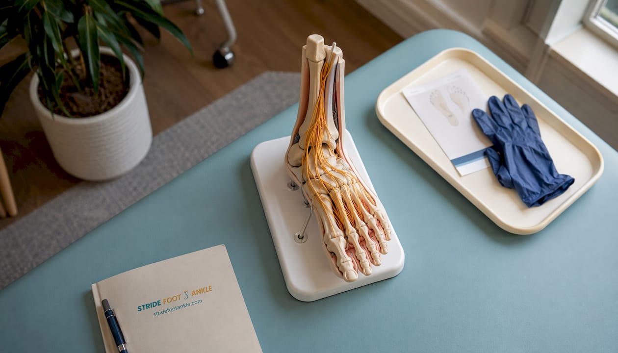 Hands holding anatomical foot model with logo