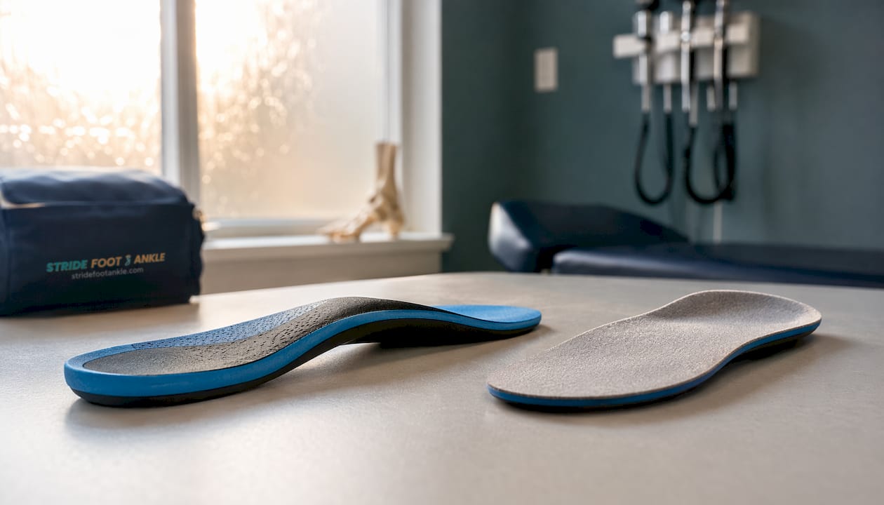 Side view of two types of orthotic insoles