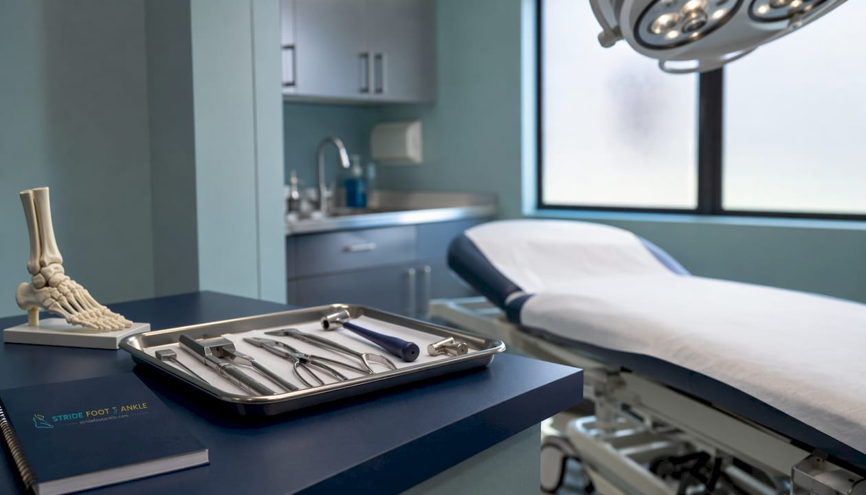 Sterile orthopedic surgery room with stridefootankle.com logo