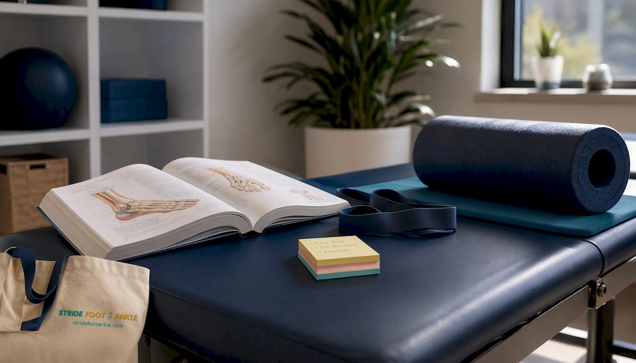 Therapy tools and foot anatomy book with stridefootankle.com logo