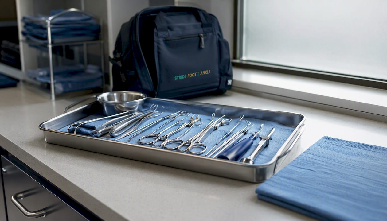 Orthopedic foot surgery instruments with Stride Foot Ankle logo card