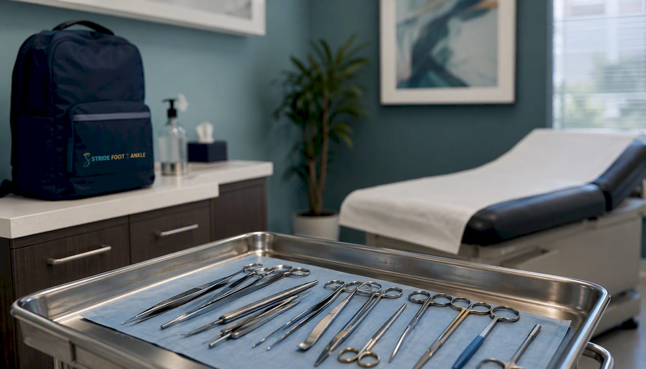 Close-up hospital foot care instruments with logo