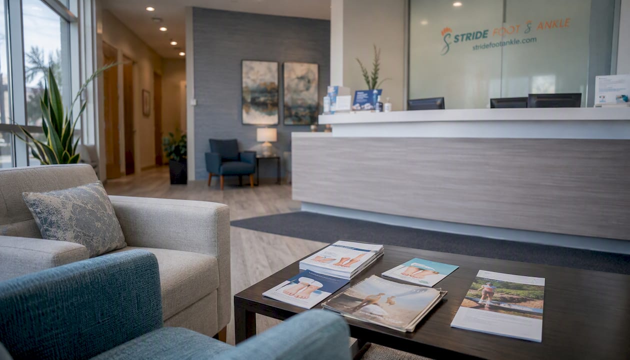 Lobby of regional podiatry practice with logo