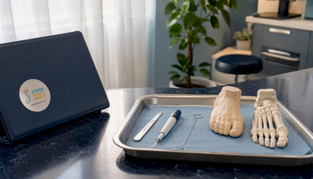 Close-up of foot clinic instruments on sterile tray