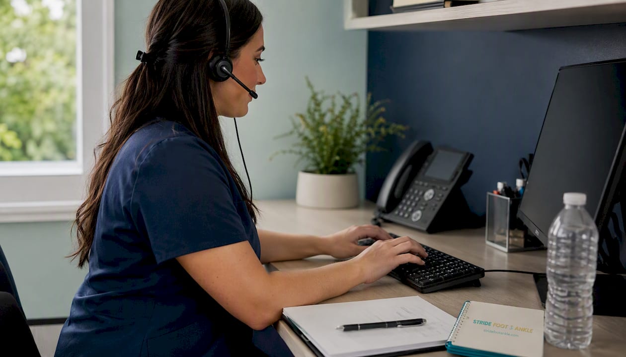 Office assistant verifying insurance details at desk