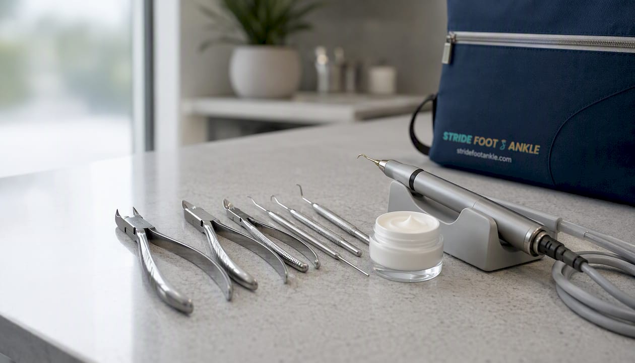 Podiatry tools and antifungal cream close-up