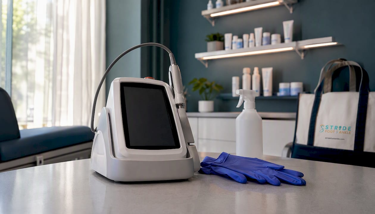 Laser treatment device in podiatry clinic