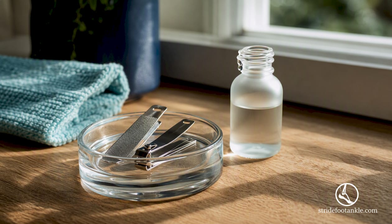 Foot care tools being cleaned with isopropyl alcohol