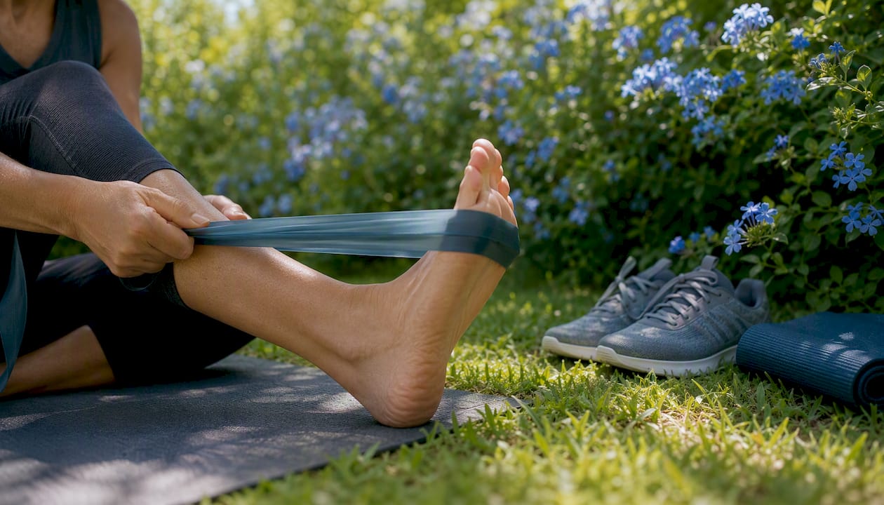 Foot arch stretch with resistance band in clinical room