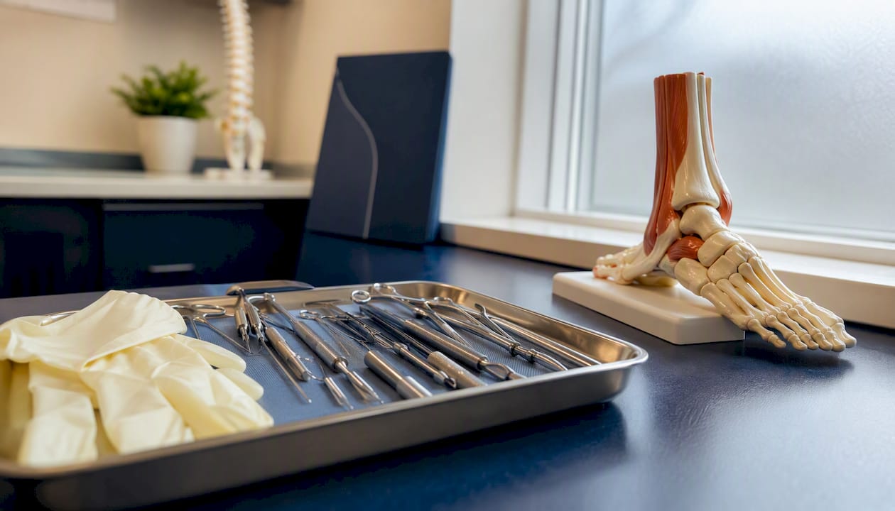 Orthopedic foot surgical tools on tray