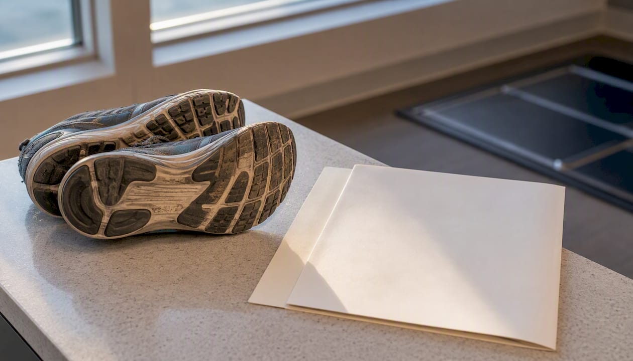 Worn athletic shoes soles showing wear