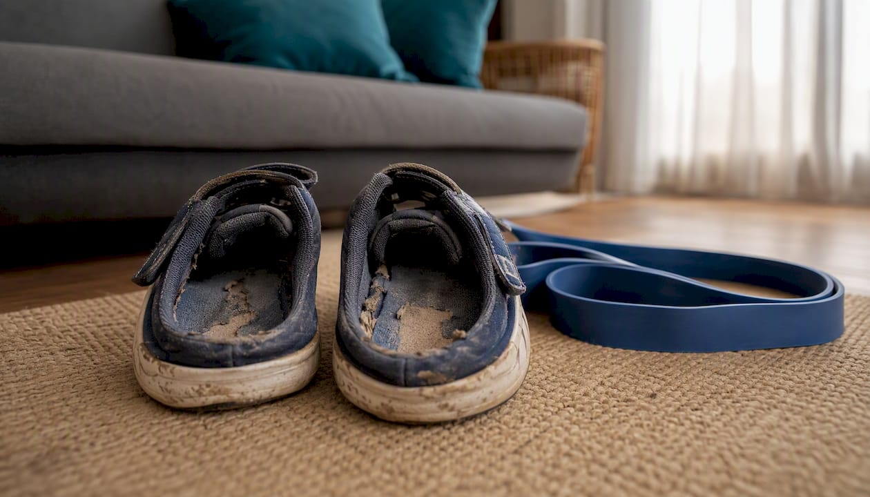 Worn child sneakers and exercise mat