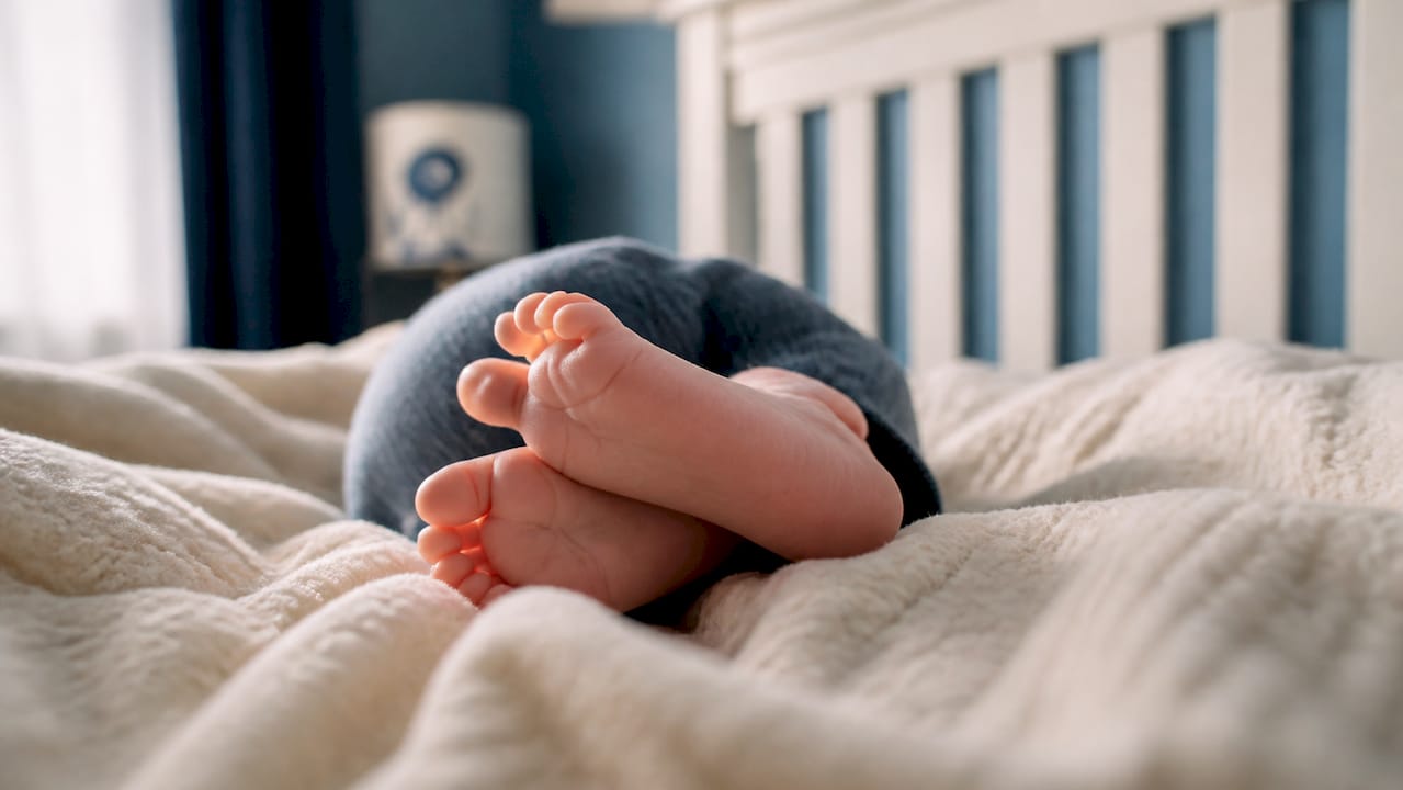 Close-up of infant feet on blanket