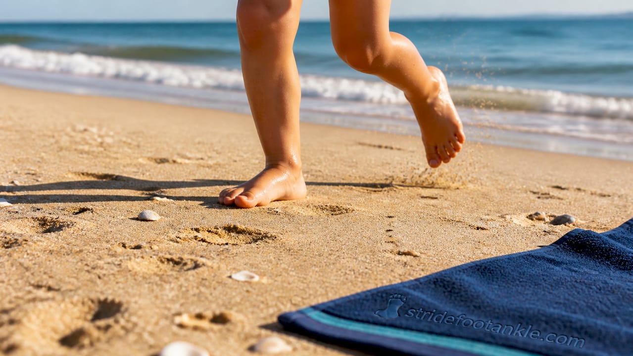 Child's bare feet running outdoors on grass